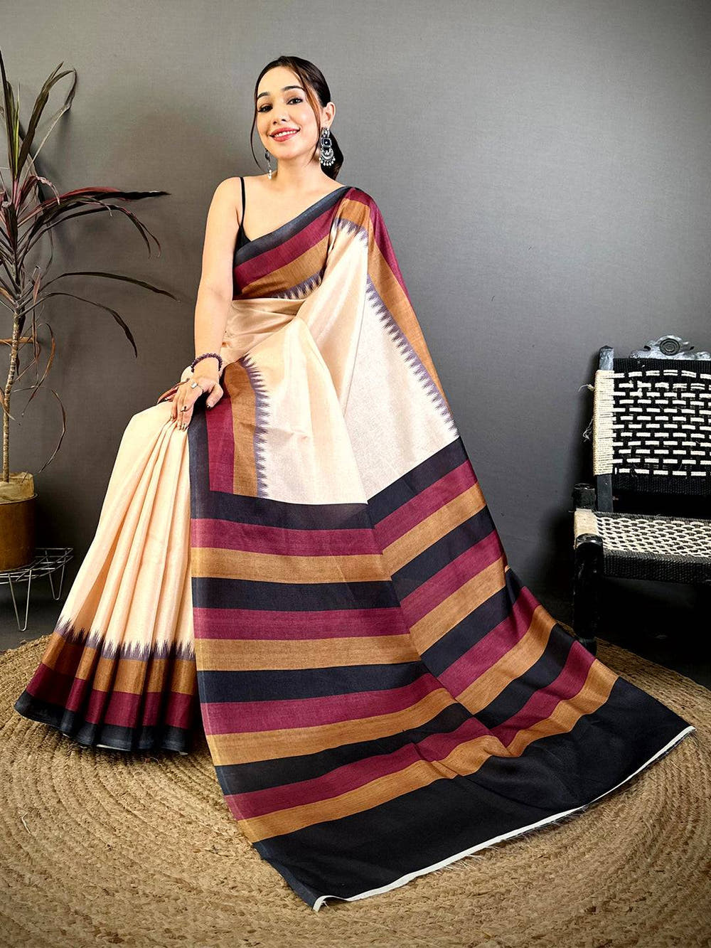 Elegant Tussar Ikat Temple Border Saree