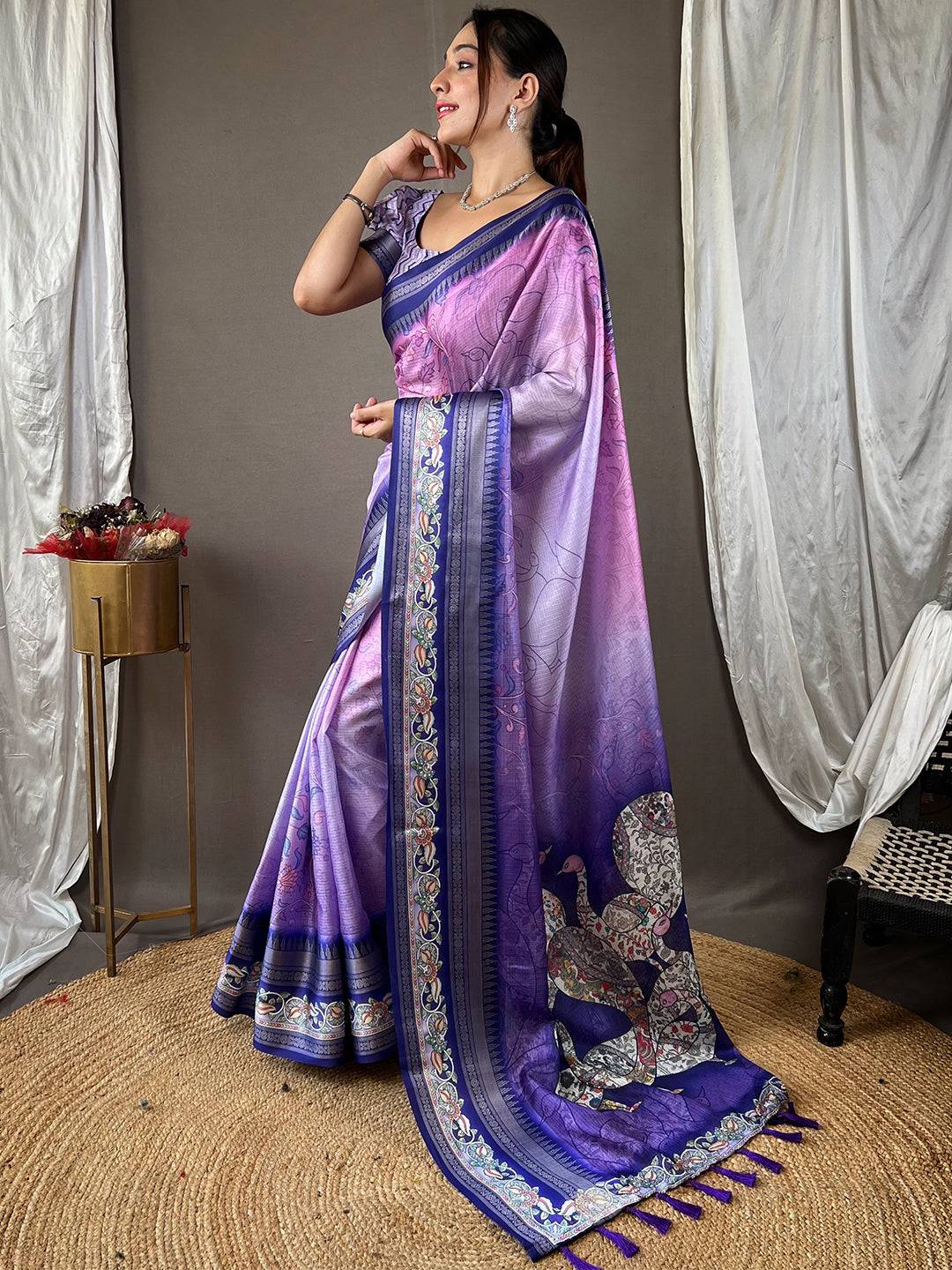 Stylish Iris Purple Saree featuring detailed satin border