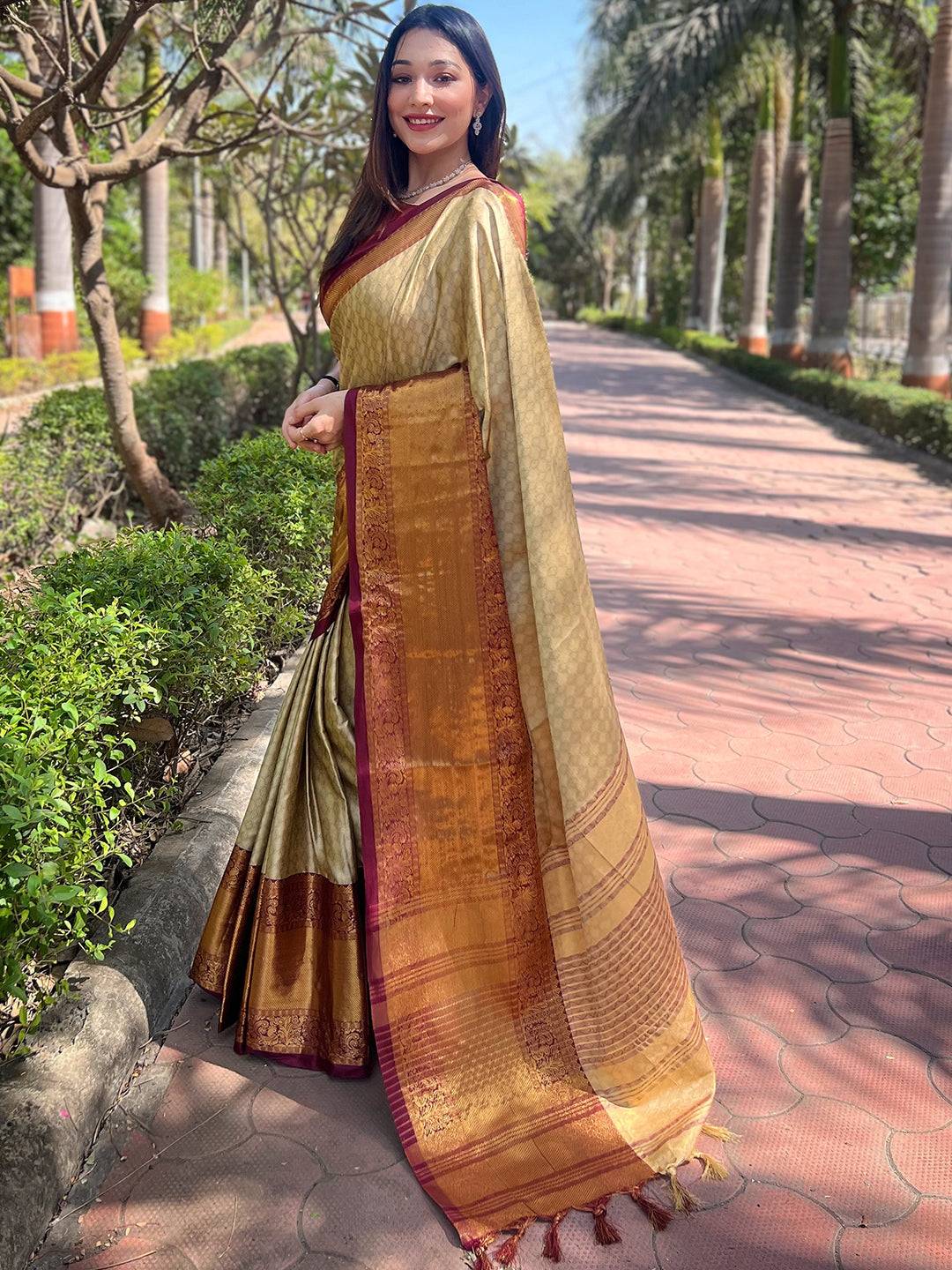 Gold Colour Kanjivaram Aura Soft Silk Saree With Broced Zari Blouse