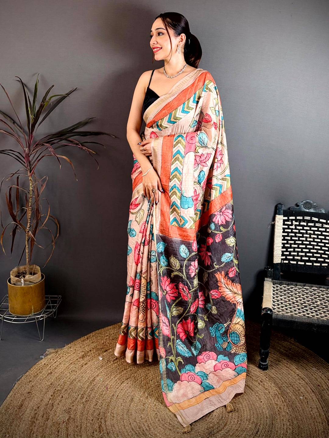 Elegant Pen Kalamkari Ghicha Tussar Saree