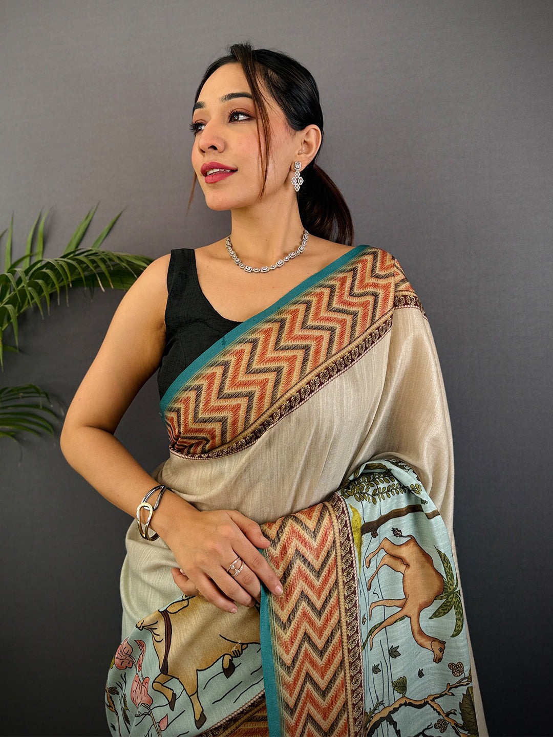 Ivory Linen Block Kalamkari Print Saree