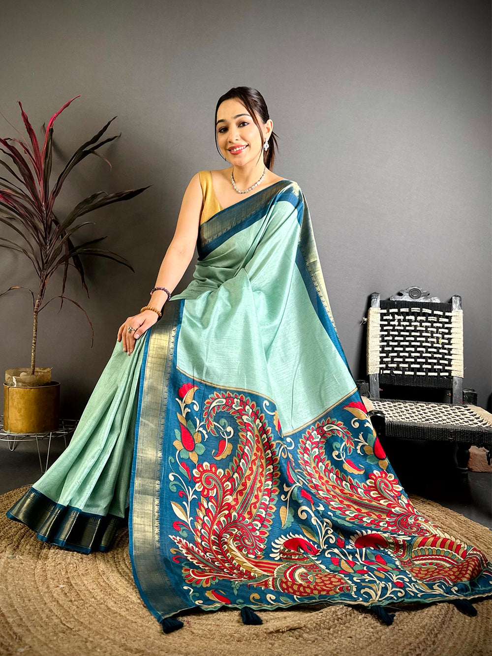 Mint Green Kalamkari Pallu Dola Saree