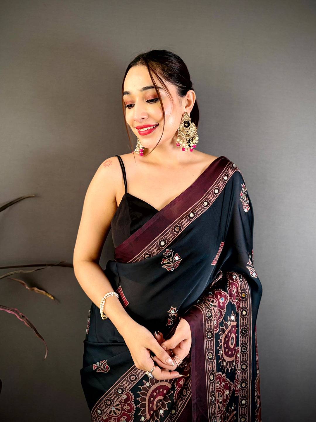 Stylish Ajrakh Print Mirror Work Saree