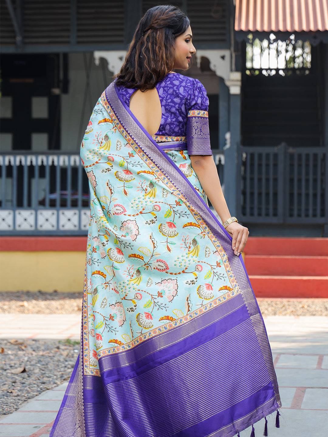 Sky Blue Colour Phulkari Design Zari Weaving Pallu Saree