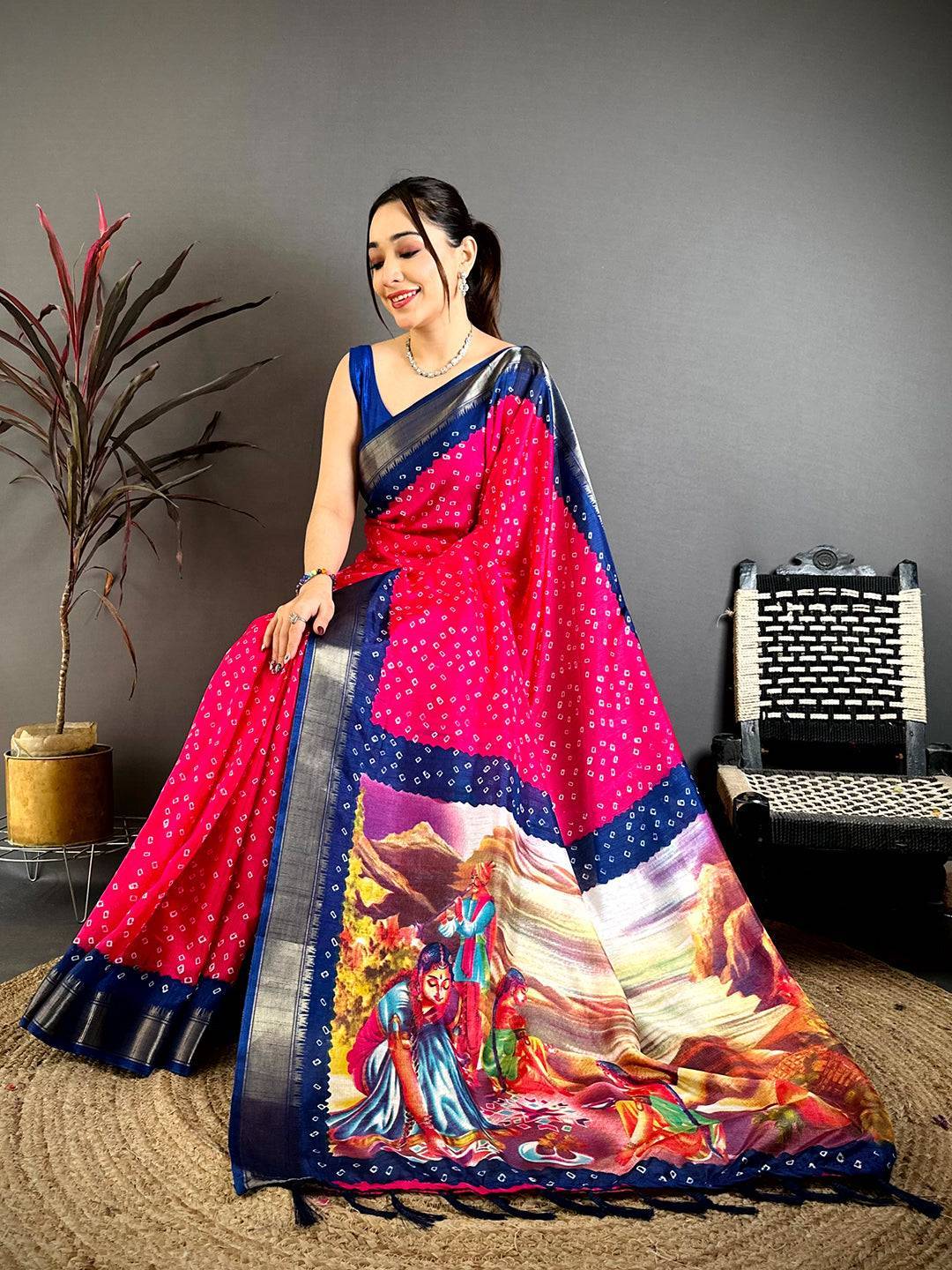 Rani Pink Bandhej Fusion Dola Print Saree