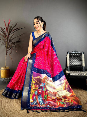 Rani Pink Bandhej Fusion Dola Print Saree