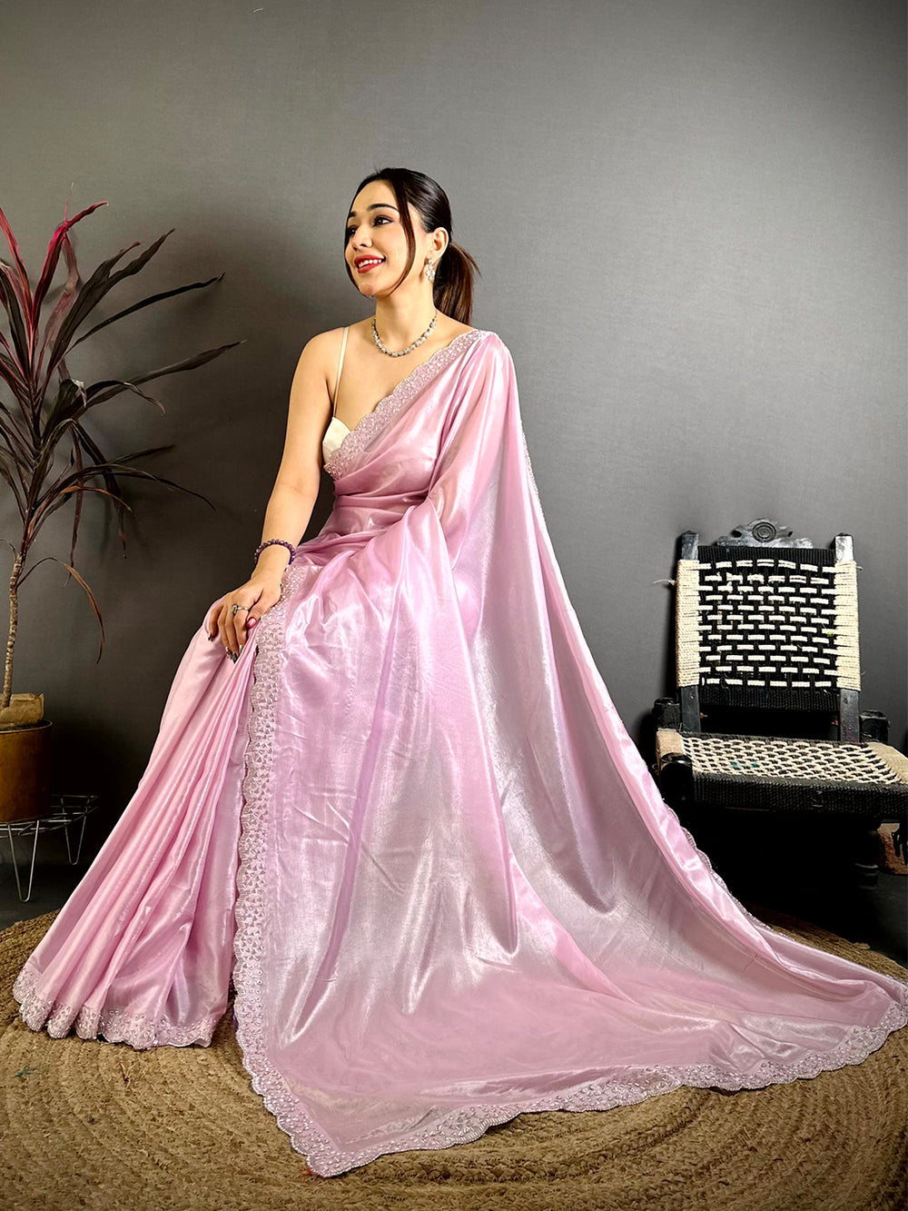 Radiant Silver Glass Swarovski Silk Saree