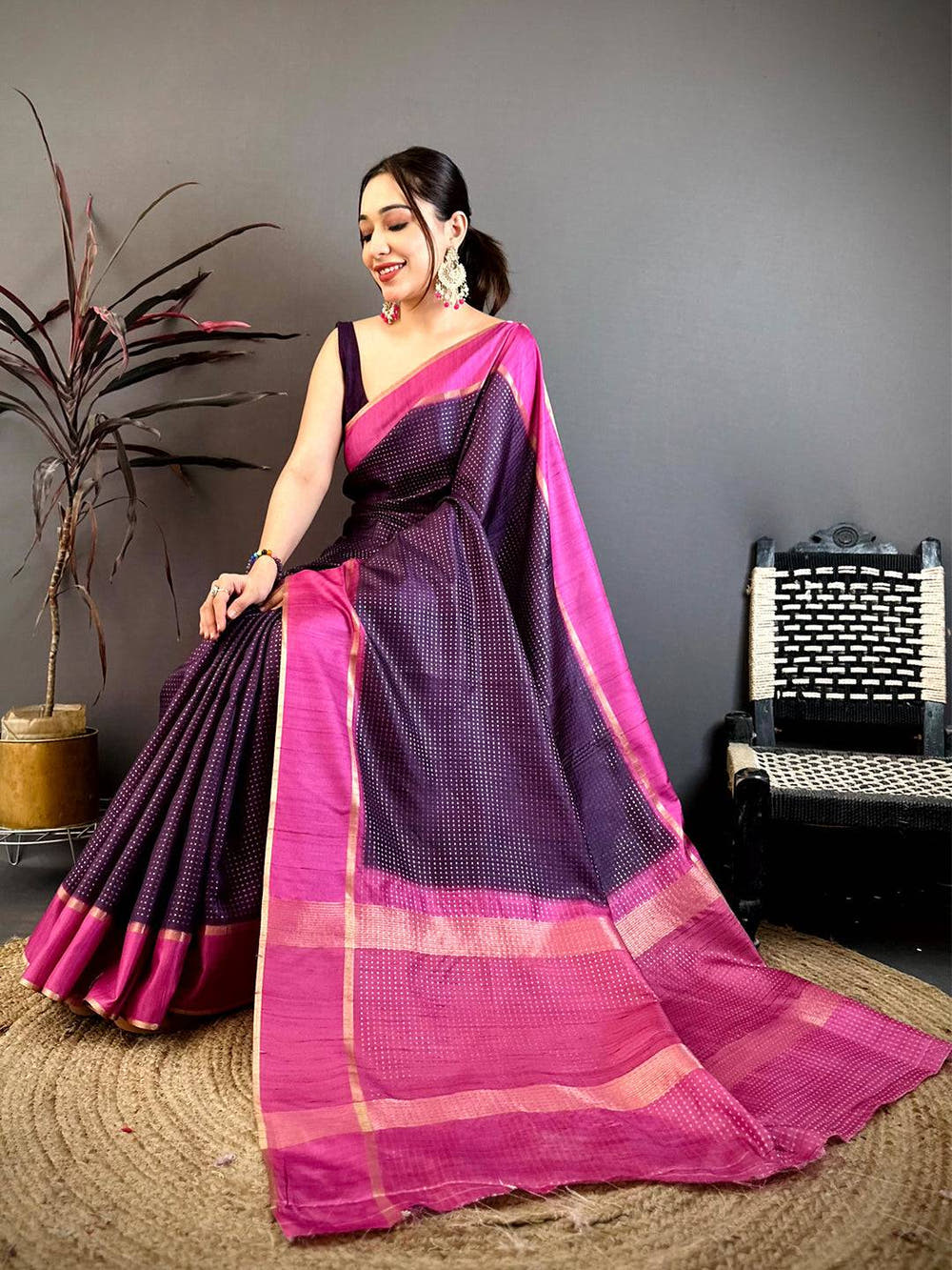 Purple Tussar Gold Zari 1000 Butti Saree