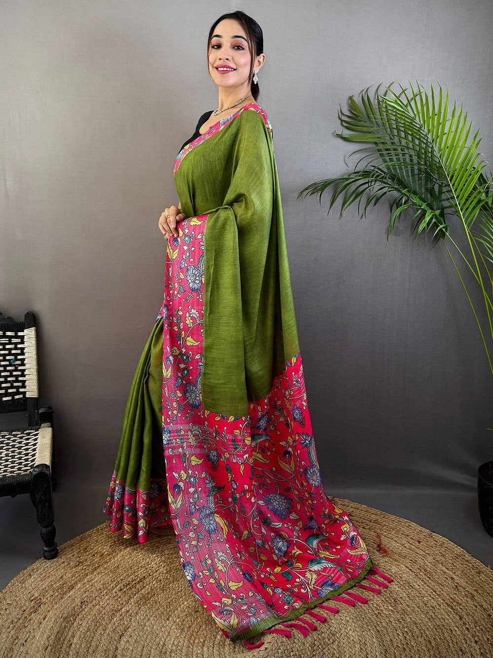 Olive Linen Kalamkari Print Saree