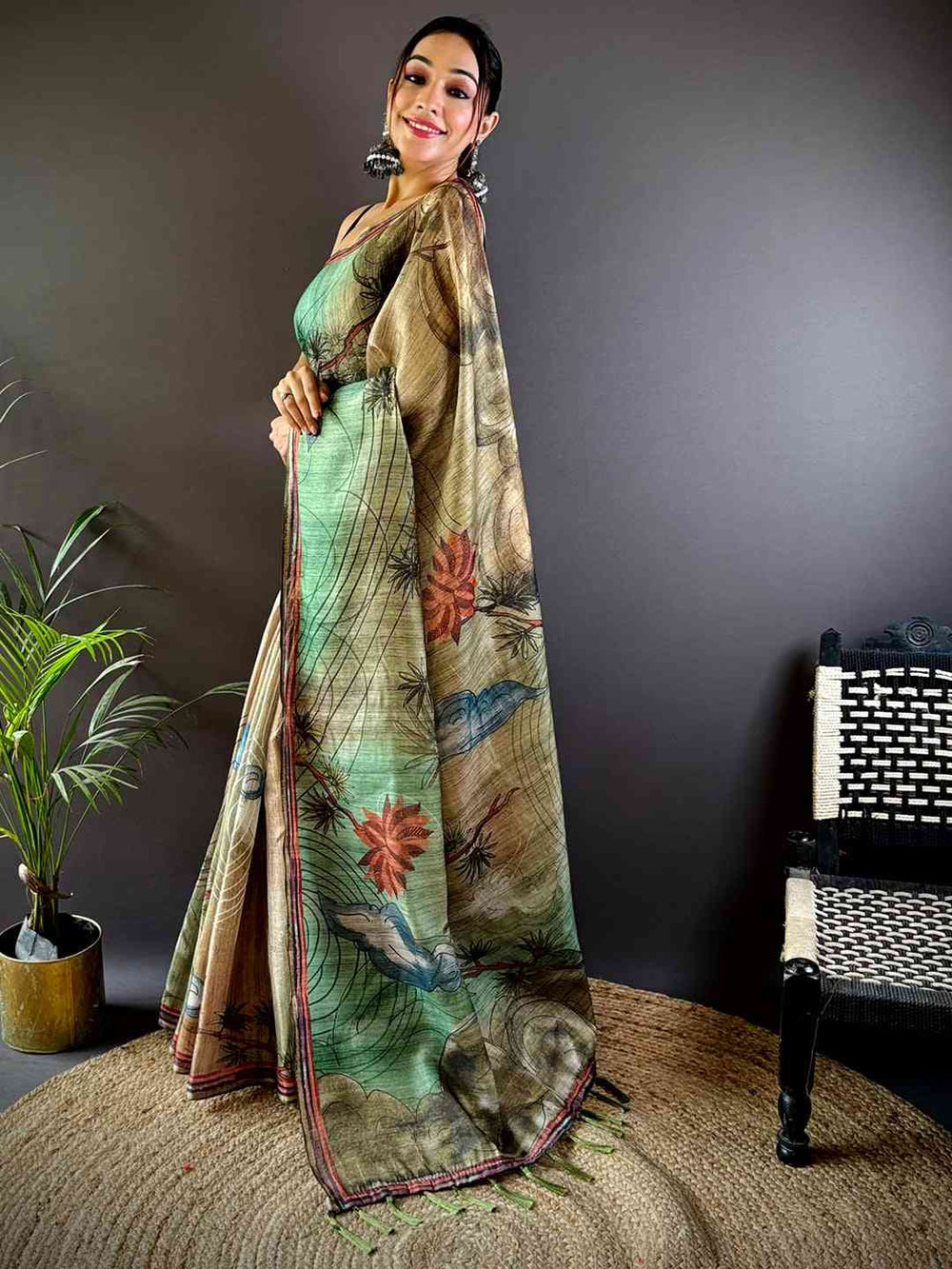 Green Tissue Chanderi Floral Abstract Saree