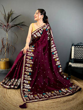 Wine Soft Satin Minakari Aari Work Saree