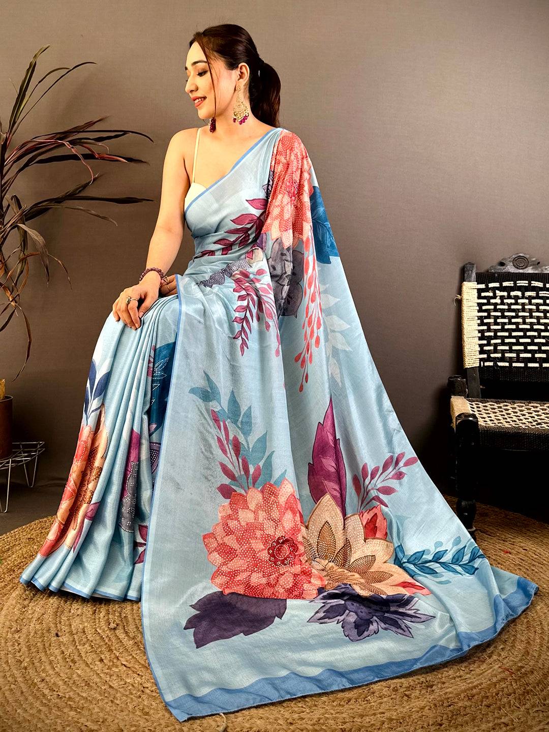 Sky Blue Soft Chiffon Floral Stone Work Saree