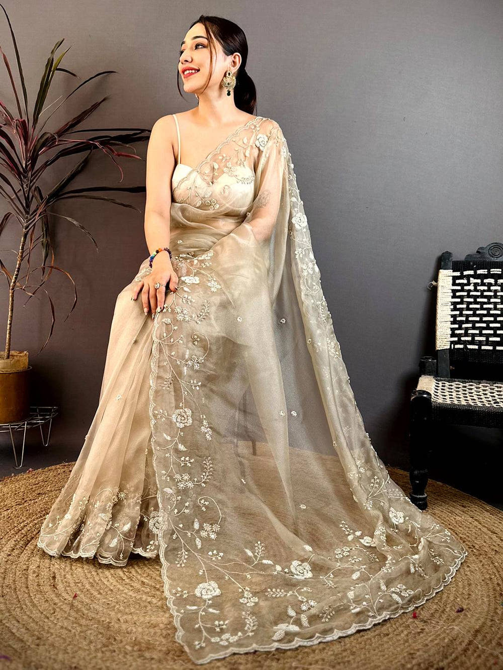 Regal Pearl Embroidered Glass Organza Saree