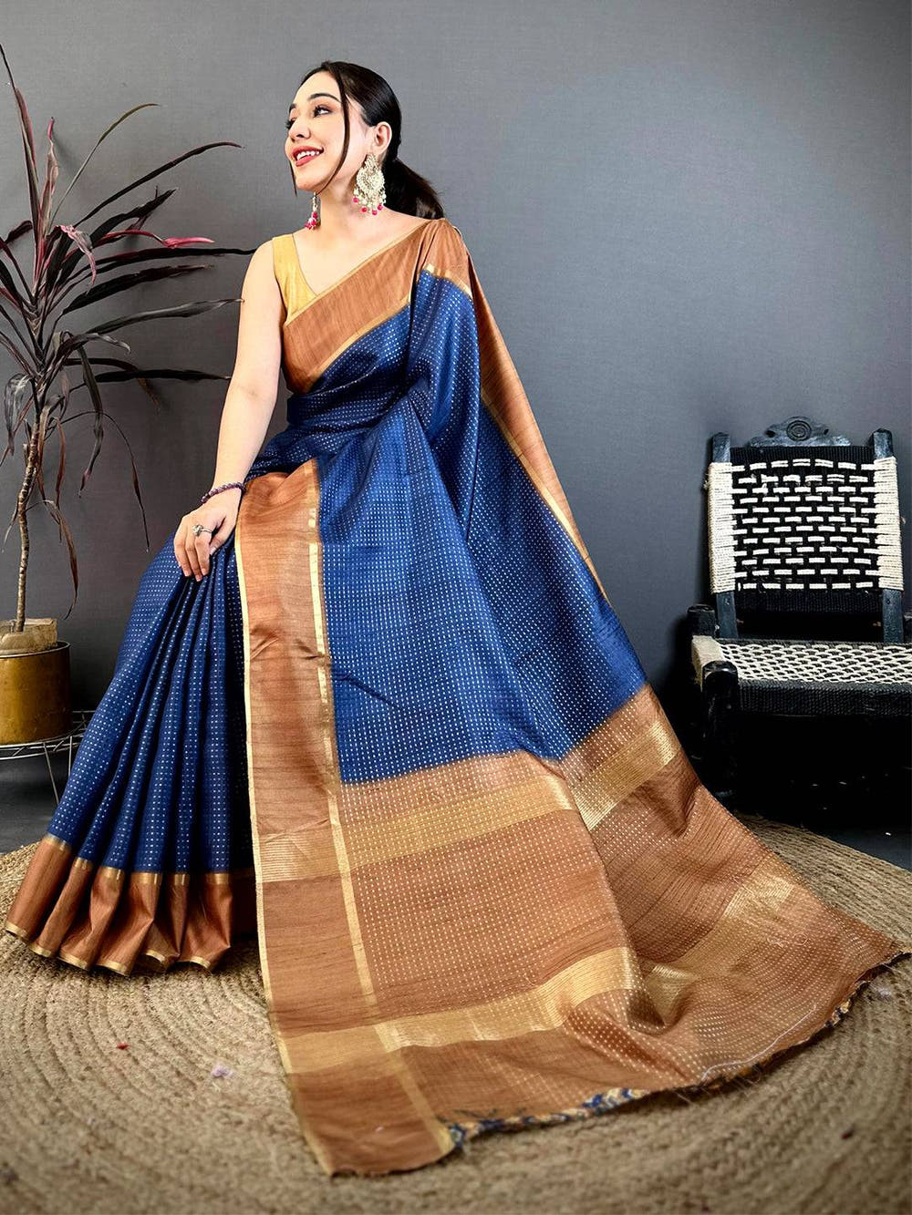 Ink Blue Tussar Gold Zari 1000 Butti Saree