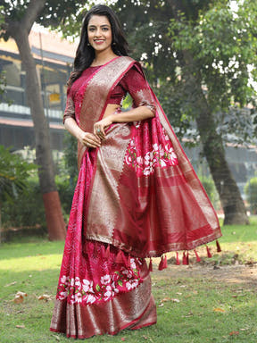 Pink Pure Viscose Dola Silk Saree With Floral Print Border
