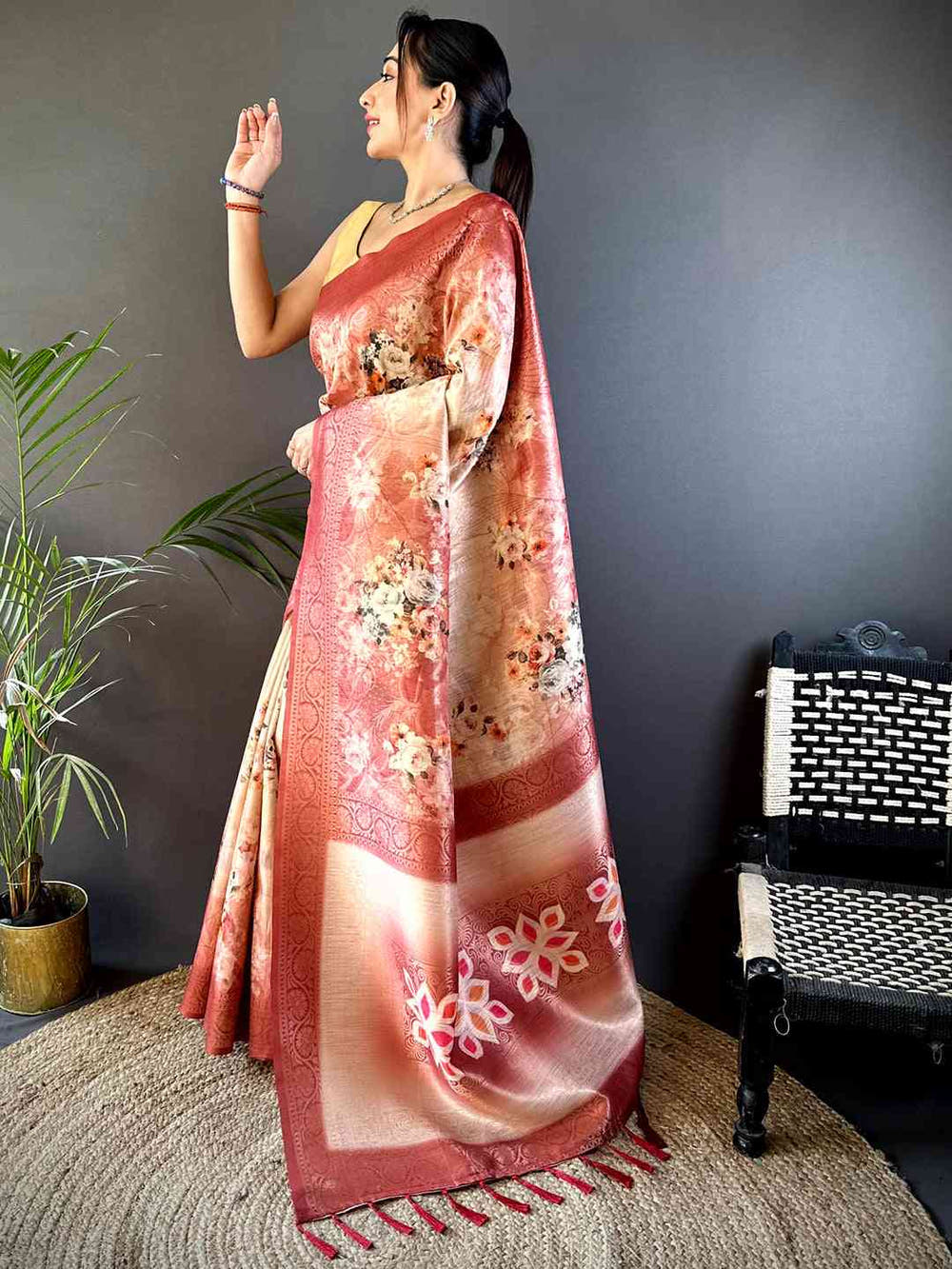 Red Slub Ghicha Zari Pallu Saree