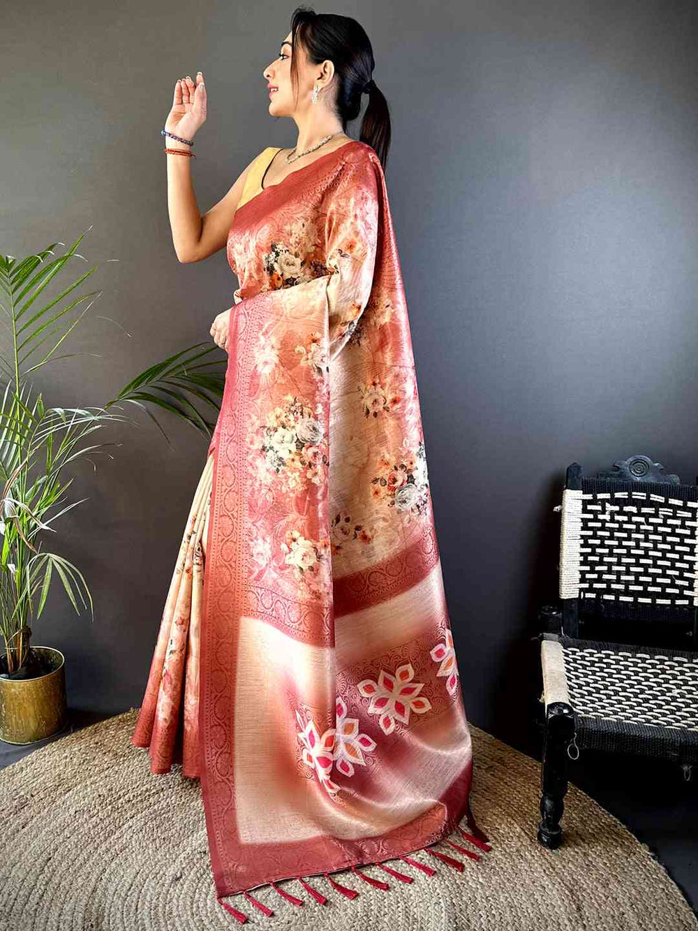 Red Slub Ghicha Zari Pallu Saree
