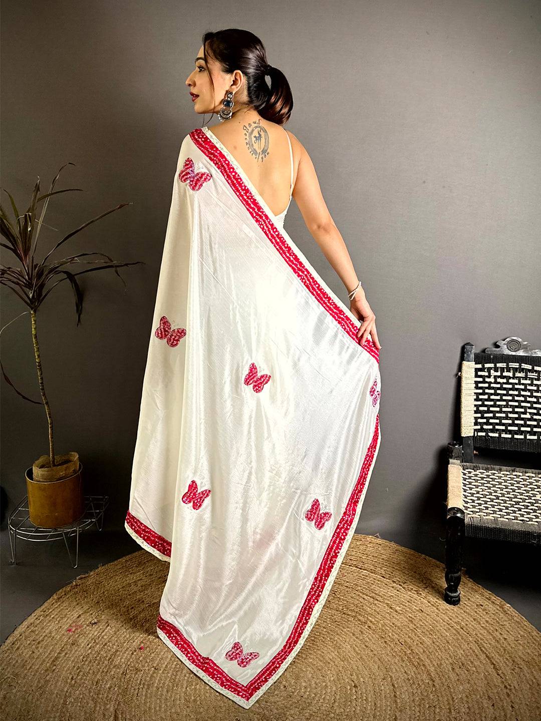 Pink Soft Chinnon Butterfly Butta Saree