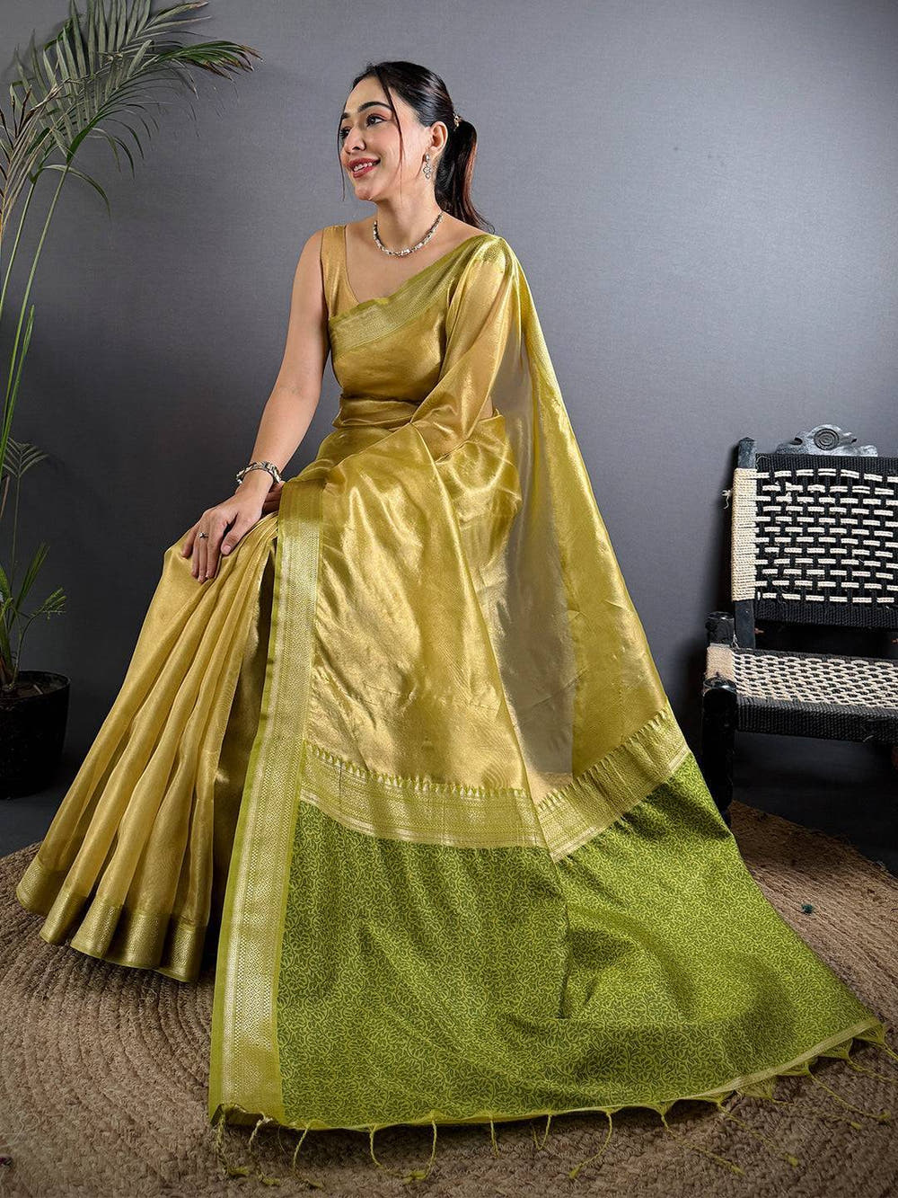 Radiant Green Gold Zari Tissue Saree

