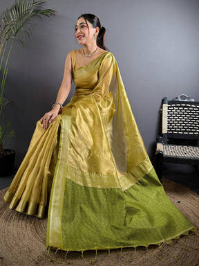 Radiant Green Gold Zari Tissue Saree

