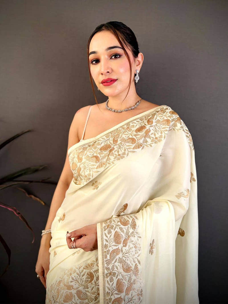 White Aari Bird Work Soft Satin Saree