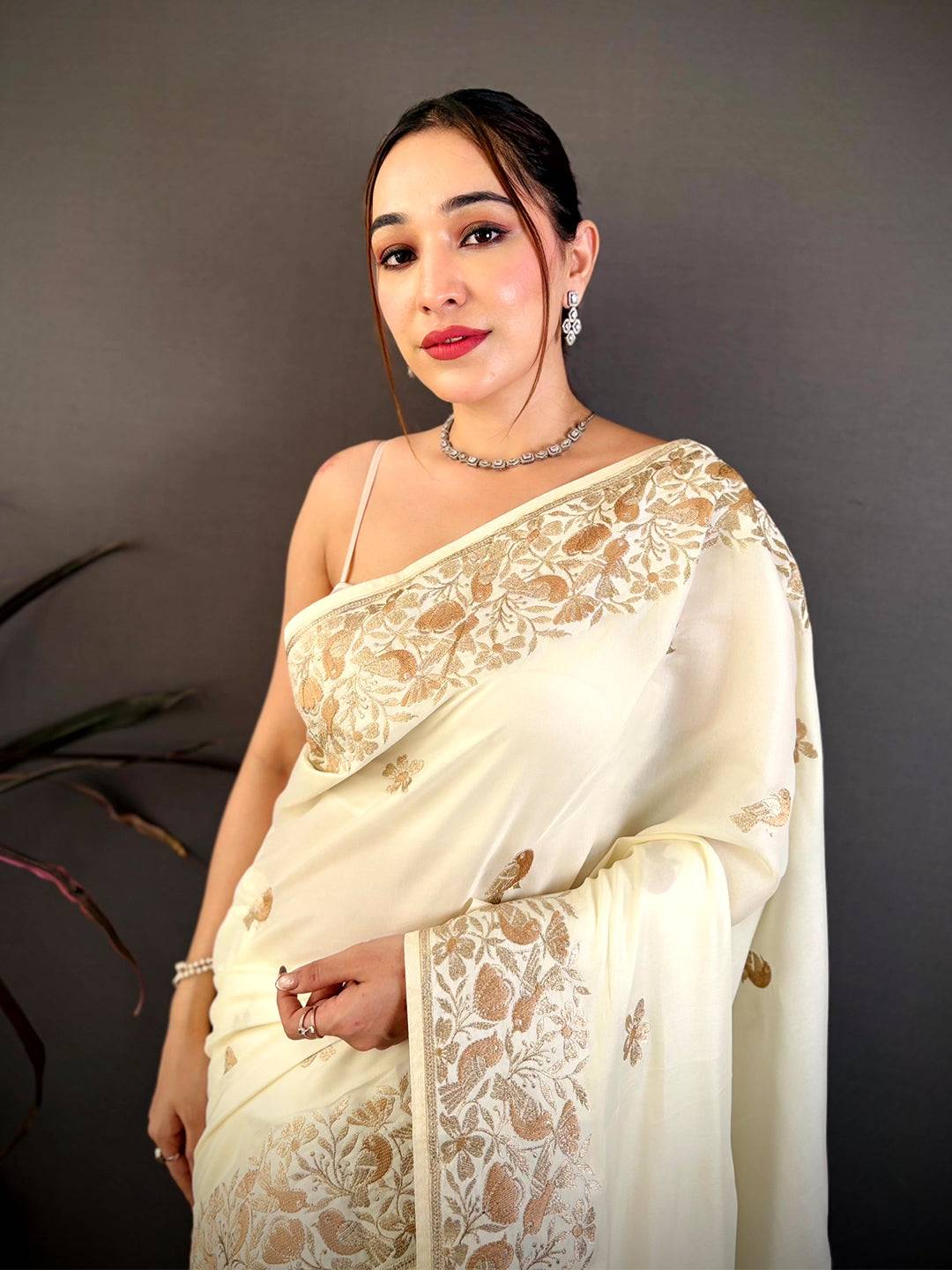 White Aari Bird Work Soft Satin Saree
