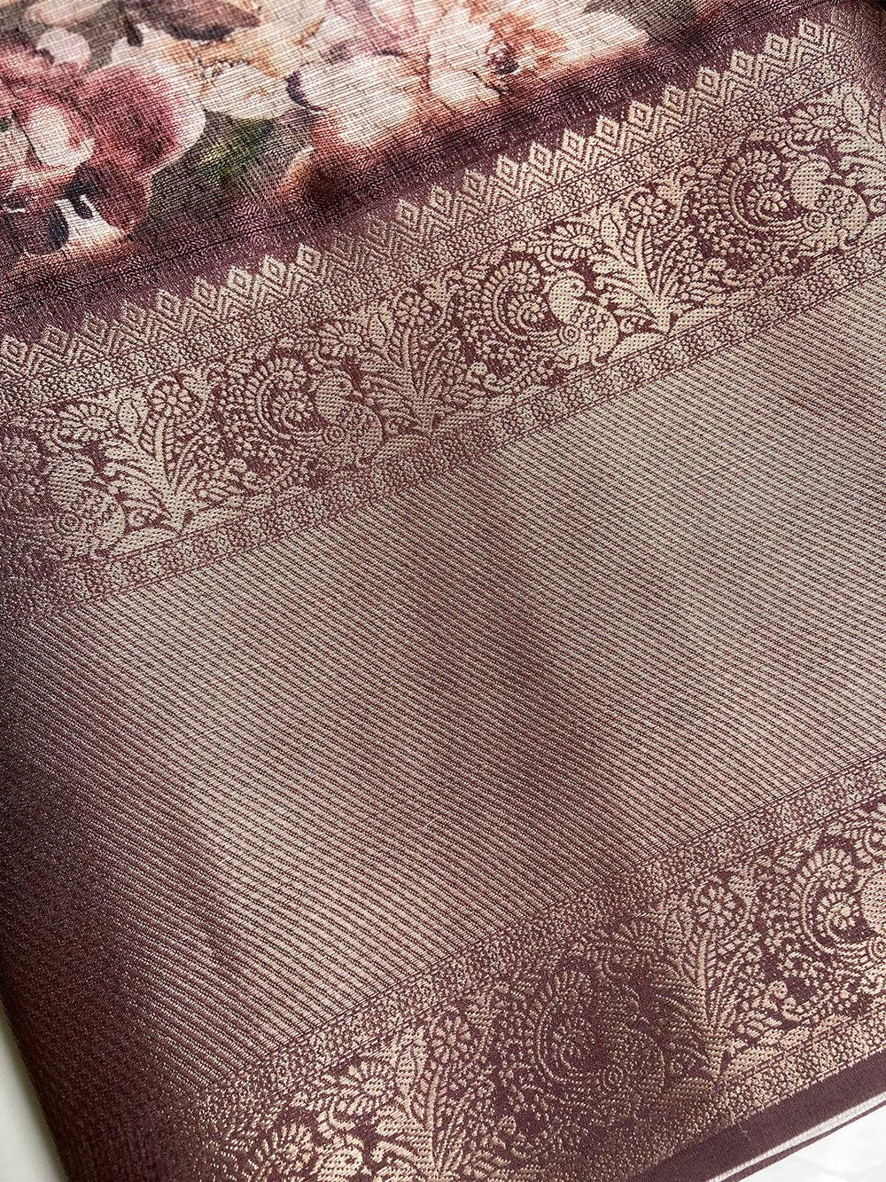 Gold zari border on Olive Kota Doriya saree with floral accents