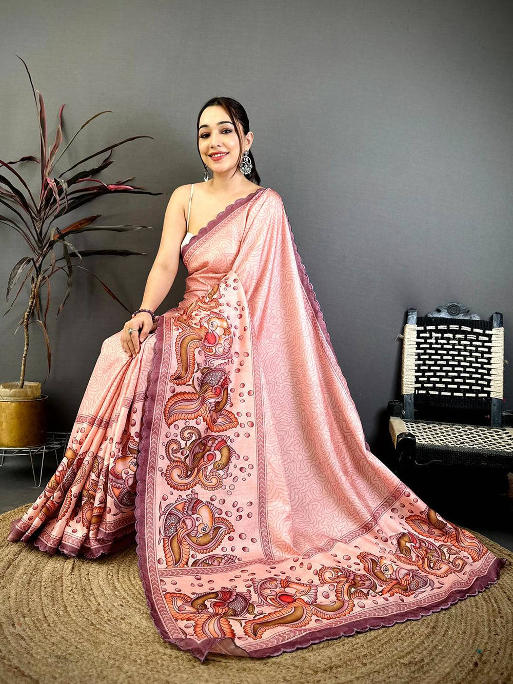 Dusty Rose Kalamkari Tussar Cutwork Saree