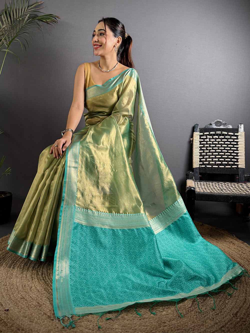 Radiant Sky Blue Gold Zari Tissue Saree