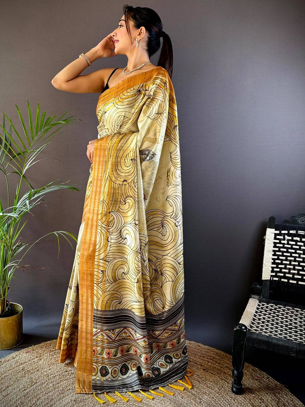 Olive Soft Silk Ocean Wave Patterns Saree
