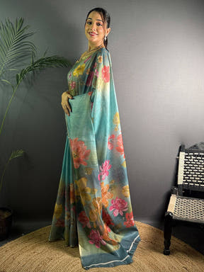 Teal Blue Linen Juth Digital Print Saree