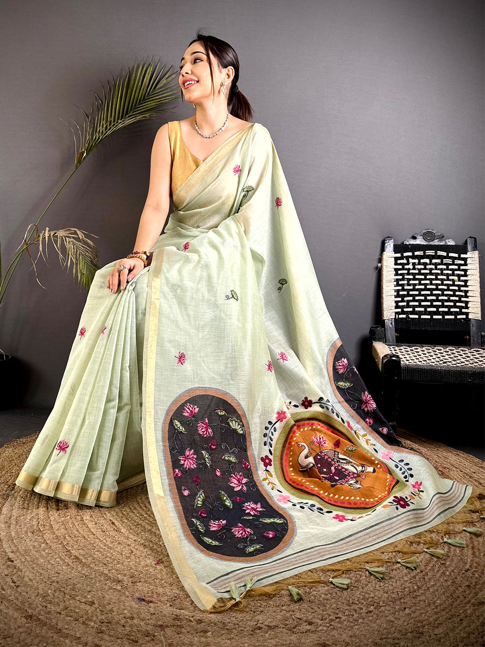 Classic Pichwai Resham Work Linen Saree