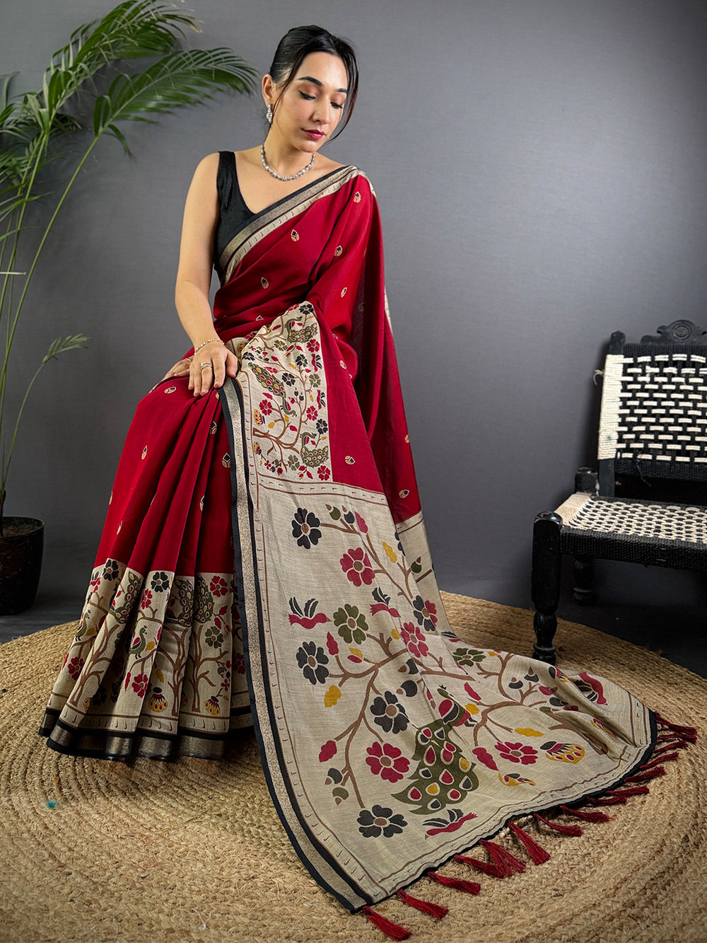 Red Pure Cotton Viscose Kalamkari Print Saree