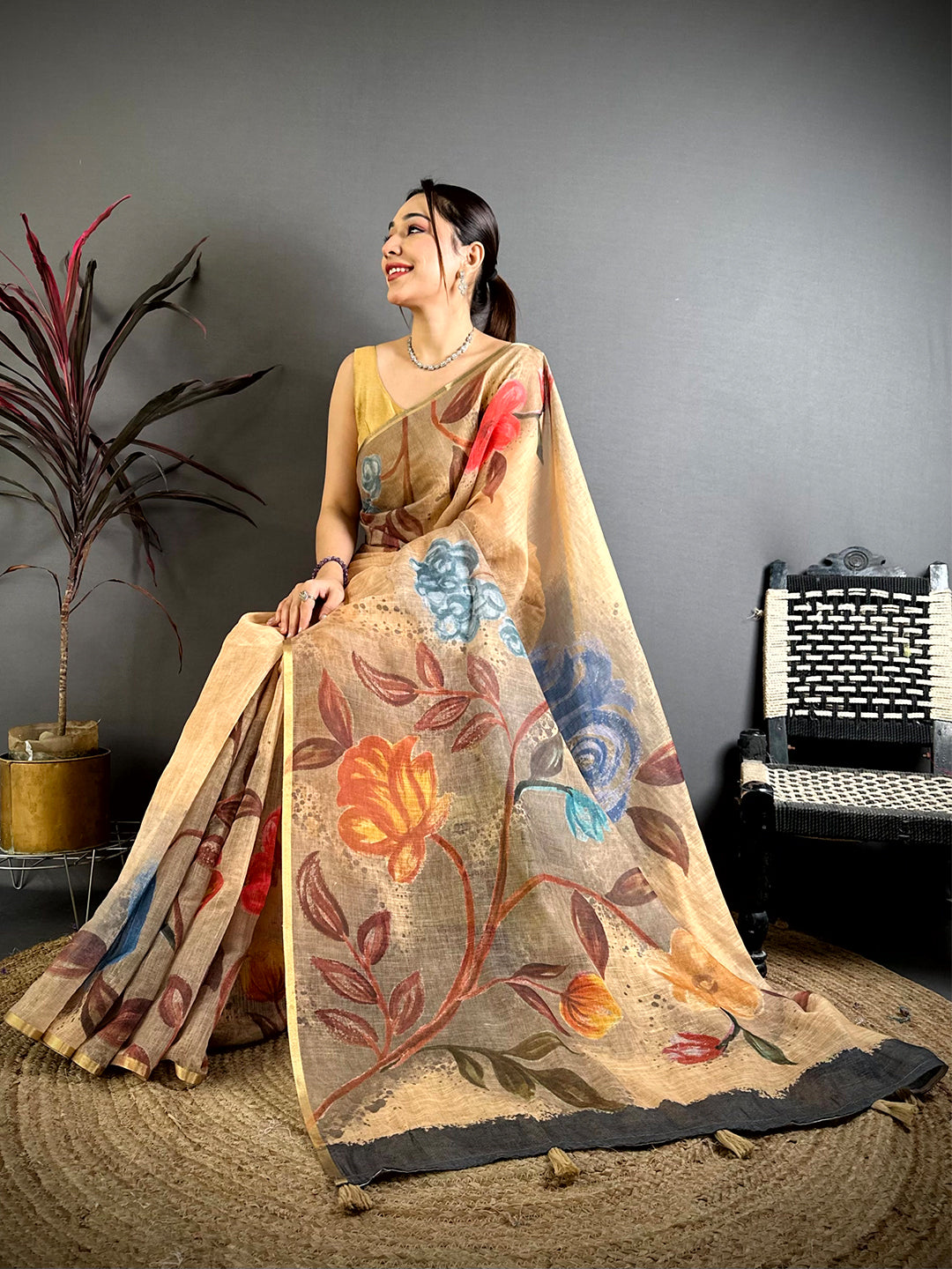 Beige Gold Zari Linen Chanderi Saree