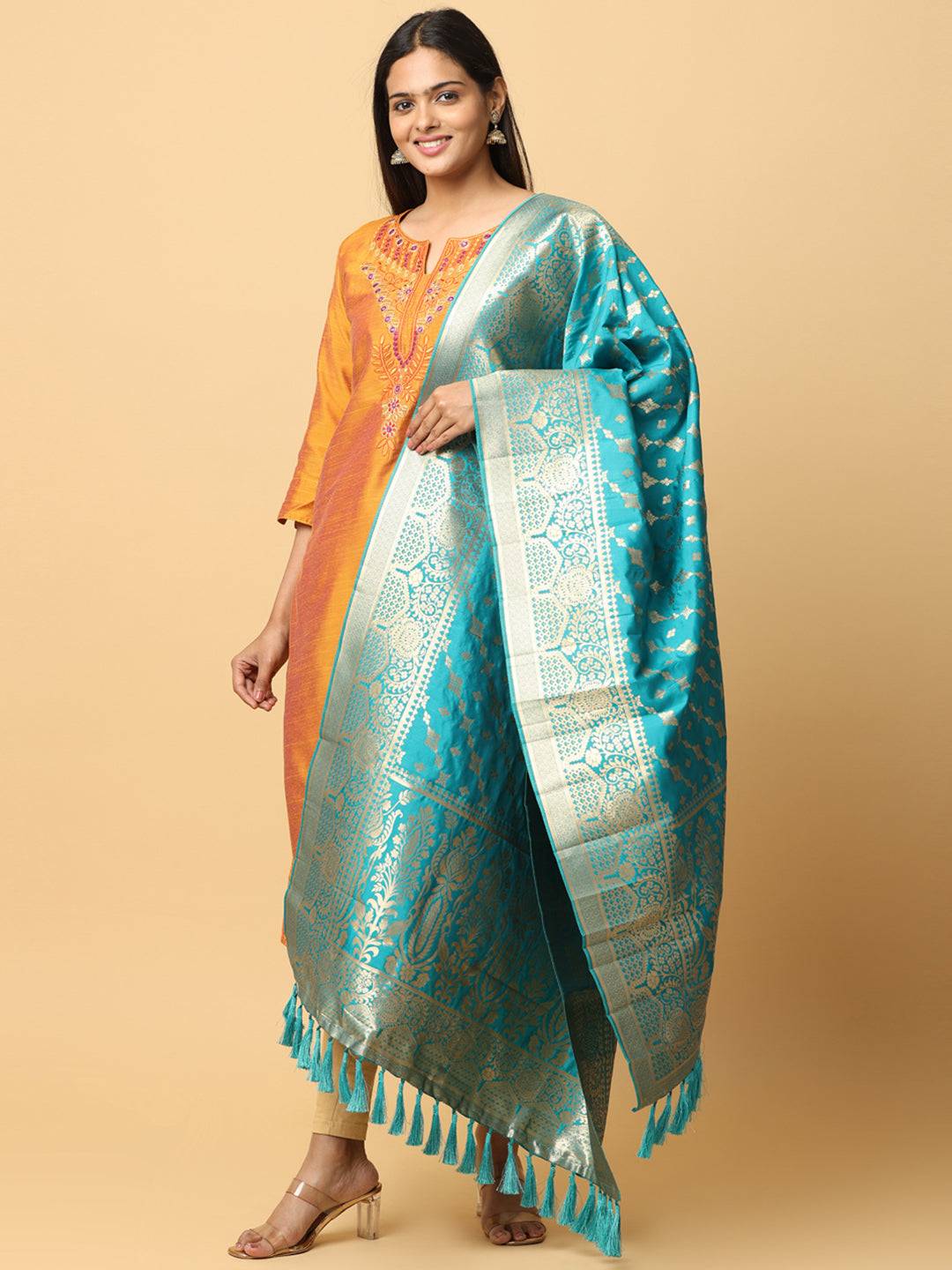 Model showcasing turquoise woven silk blend dupatta