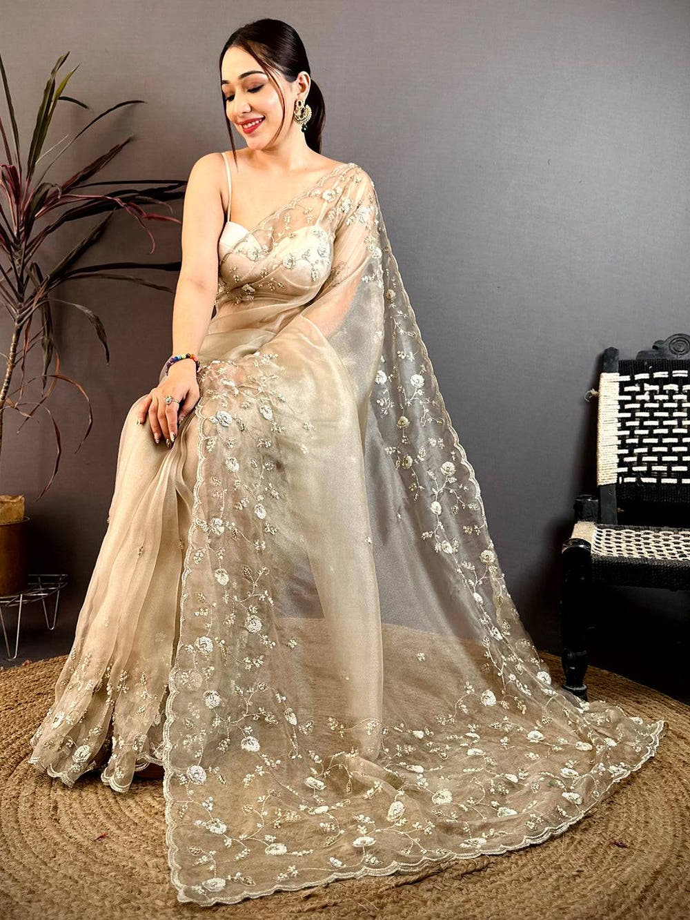 Off White Pearl Sequin Embroidered Organza Saree