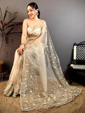 Off White Pearl Sequin Embroidered Organza Saree