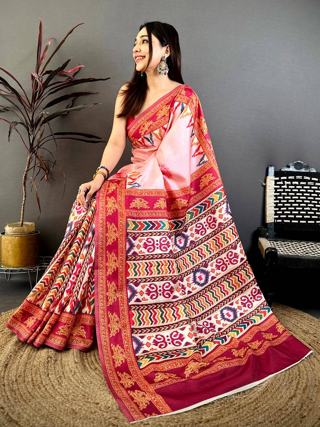 Pink Tanjore Ikkar Digital Tussar Saree