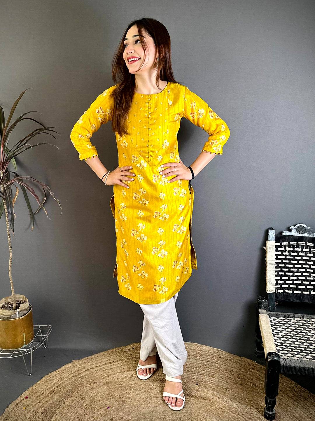 Yellow V Neck Tussar Ghicha Ethnic Kurti