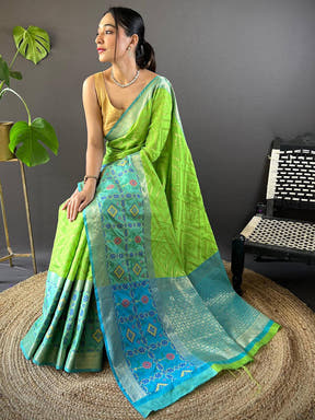 Perot Green Katan Silk Ikkat Saree