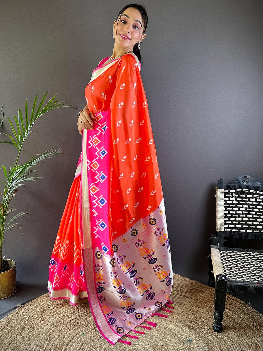 Stylish Orange Ikkat Paithani Soft Silk Saree showcasing intricate designs