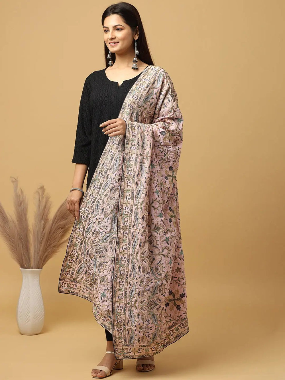 Model wearing light pink poly chiffon pashmina dupatta