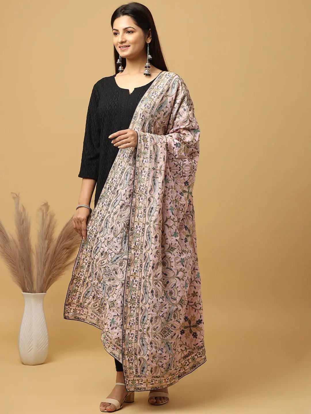 Model wearing light pink poly chiffon pashmina dupatta