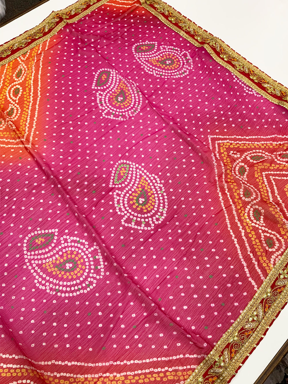 Golden Chinnon Bandhej Print Saree
