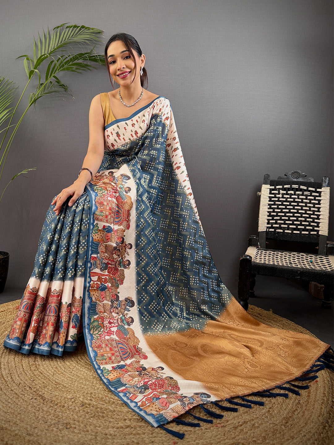 Teal Madhubani Print Soft Silk Sare
