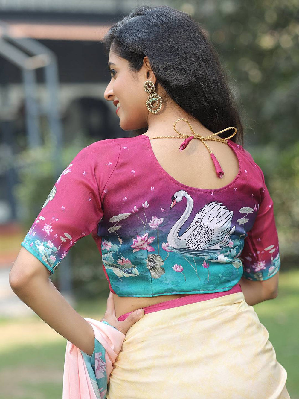 Stylish Satin Georgette Light Peach Colour Hand Print Saree