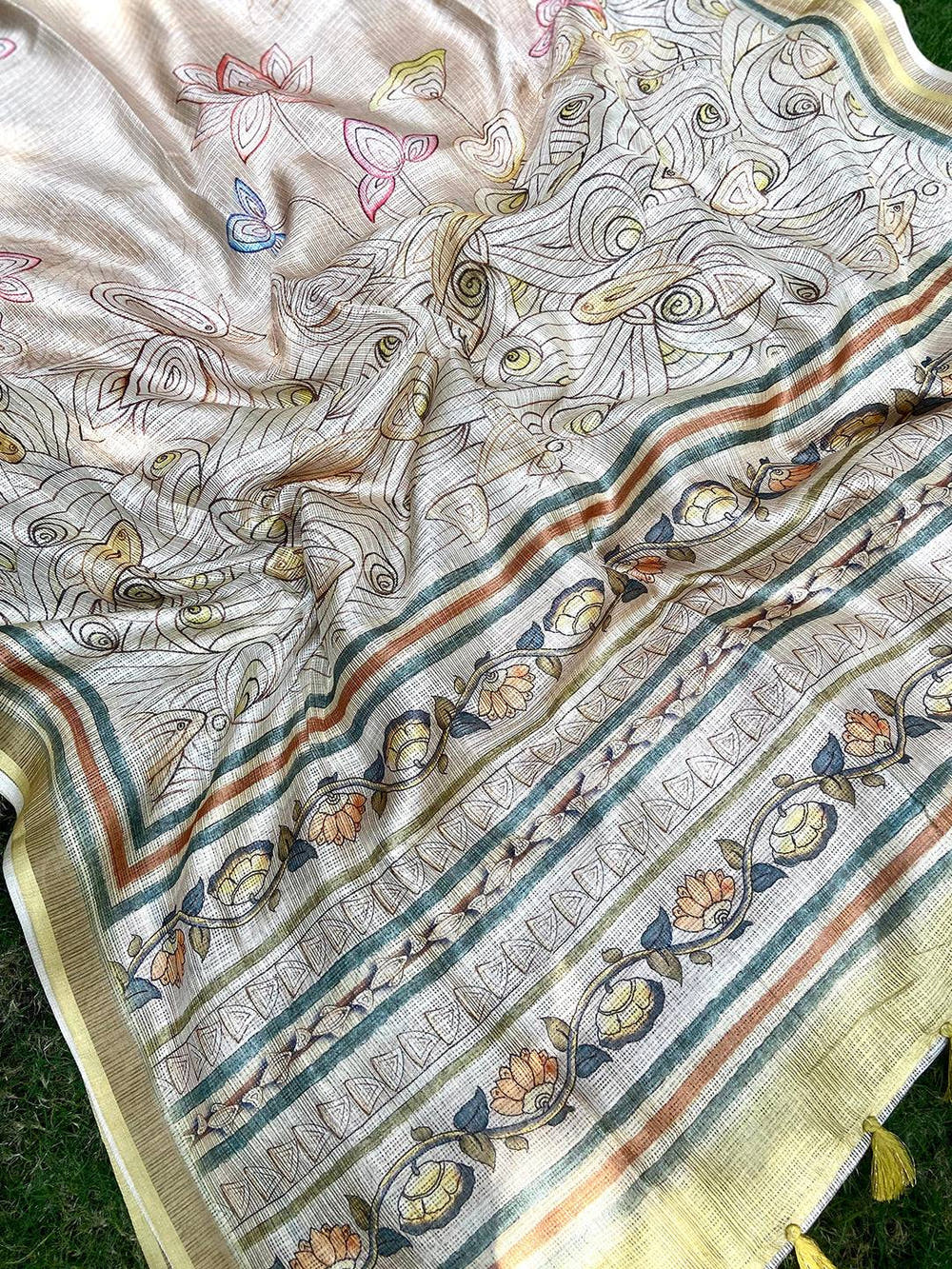 Yellow Kota Doriya Silk Saree With Flower Kalamkari Print