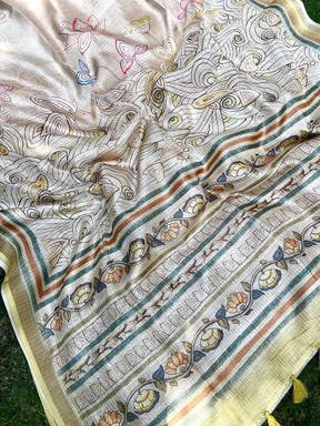 Yellow Kota Doriya Silk Saree With Flower Kalamkari Print
