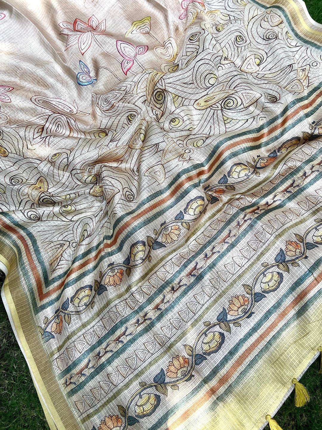 Yellow Kota Doriya Silk Saree With Flower Kalamkari Print