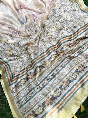 Yellow Kota Doriya Silk Saree With Flower Kalamkari Print